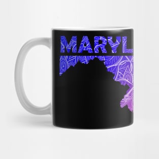 Colorful mandala art map of Maryland with text in blue and violet Mug